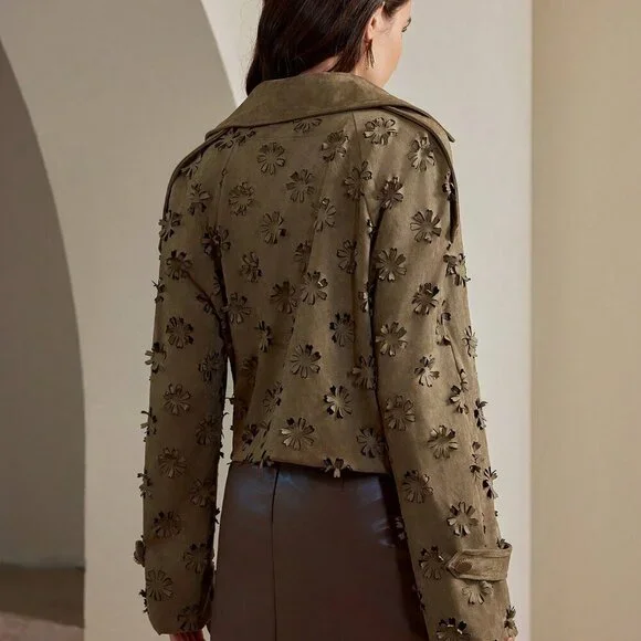 Khaki Casual Women's Collar 3d Laser Floral Embossed Jacket Coat - Picture 3 of 8